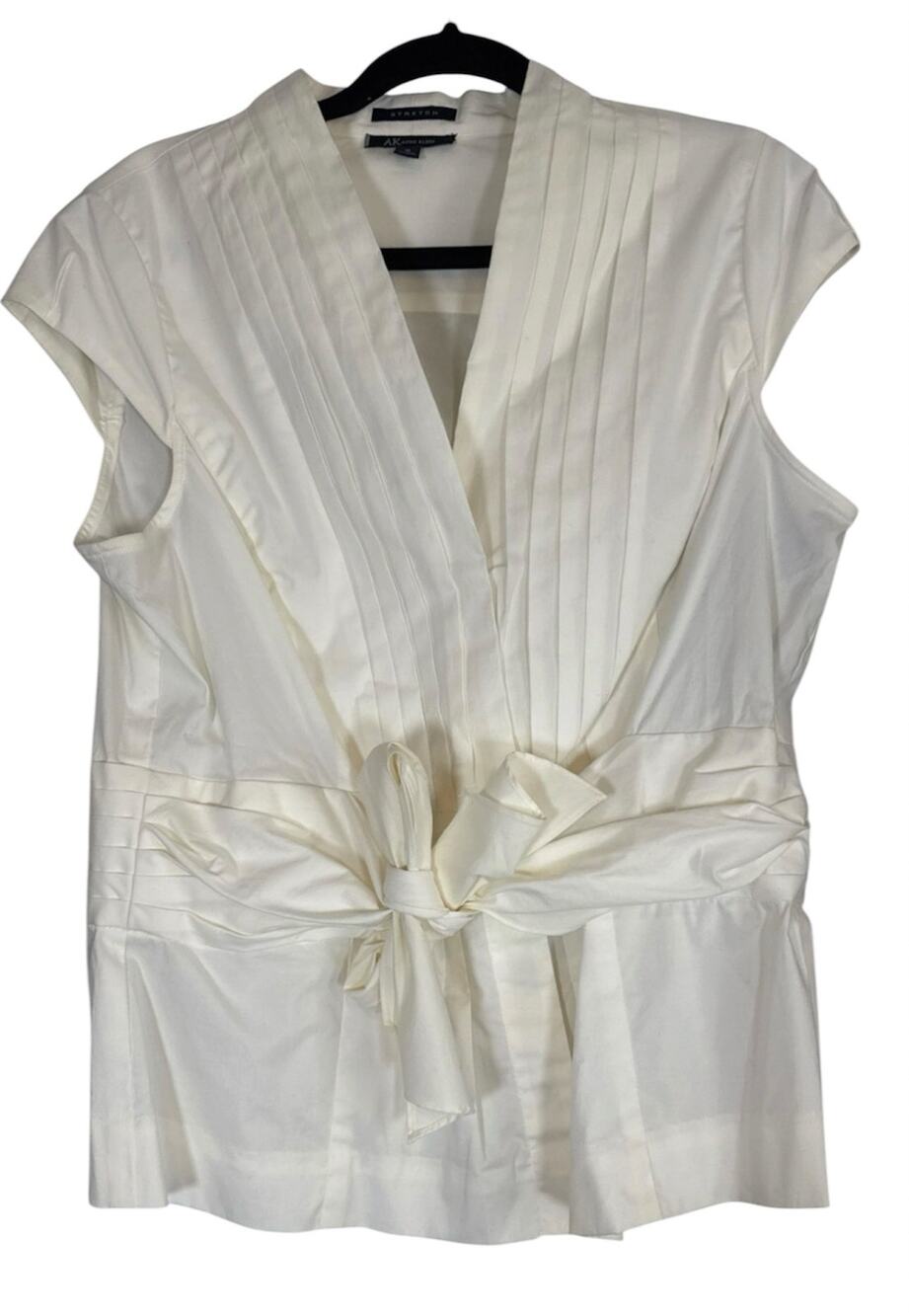 NEW Y2K Career Wear White Blouse Bow Pleated V Neck Anne Klein Womens 14 NWT